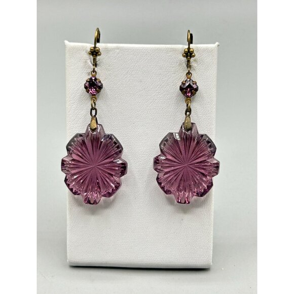 Art Deco Czech Glass Earrings dangles Pressed Amethyst Glass Drops Lever Back Ho - Picture 5 of 7